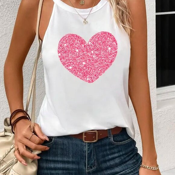 Brand New White Tank Top with Pink Glittery Heart with a Crewneck Size M - Picture 4 of 4